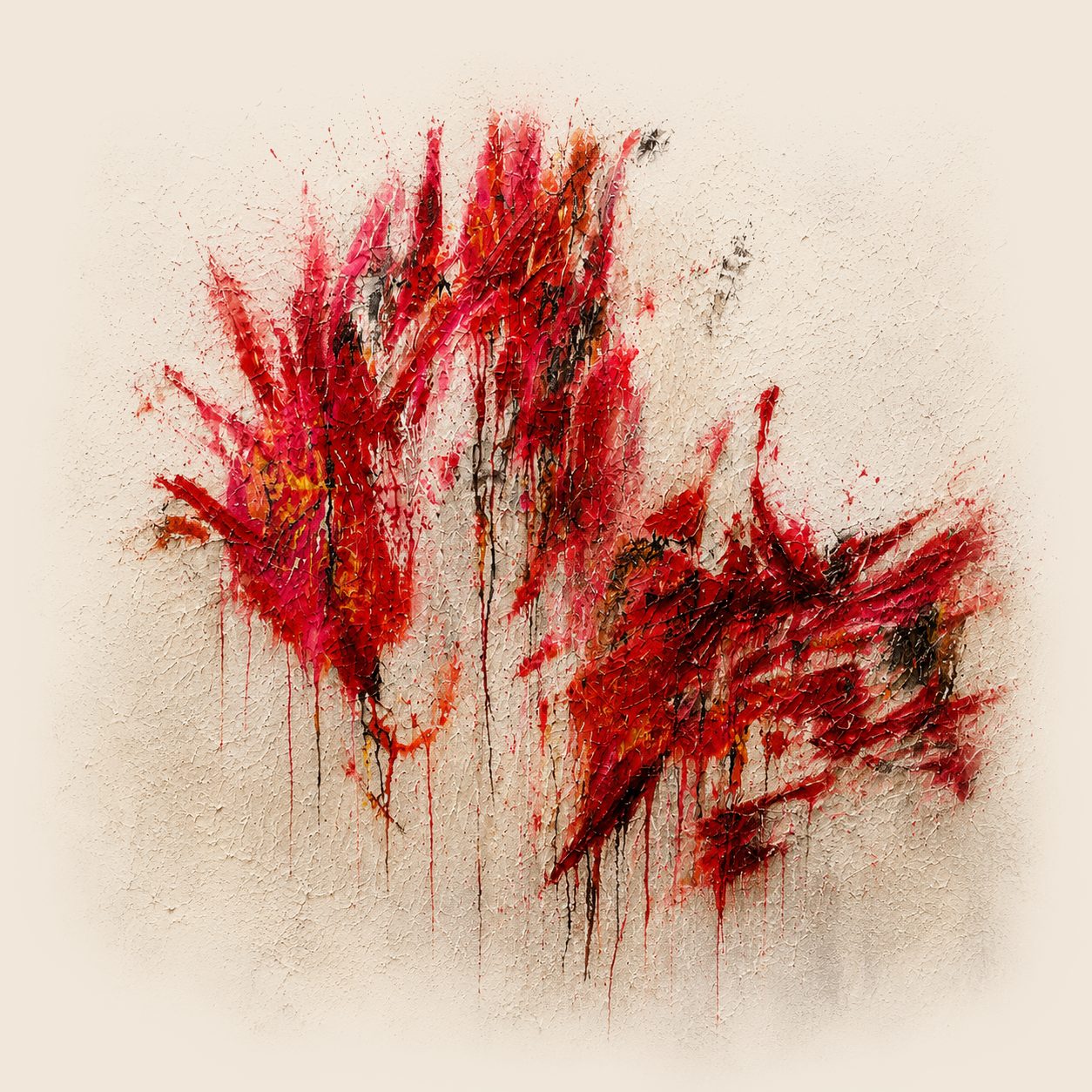 Red abstract painting with gestural impasto marks and long drips on a warm pale ground.