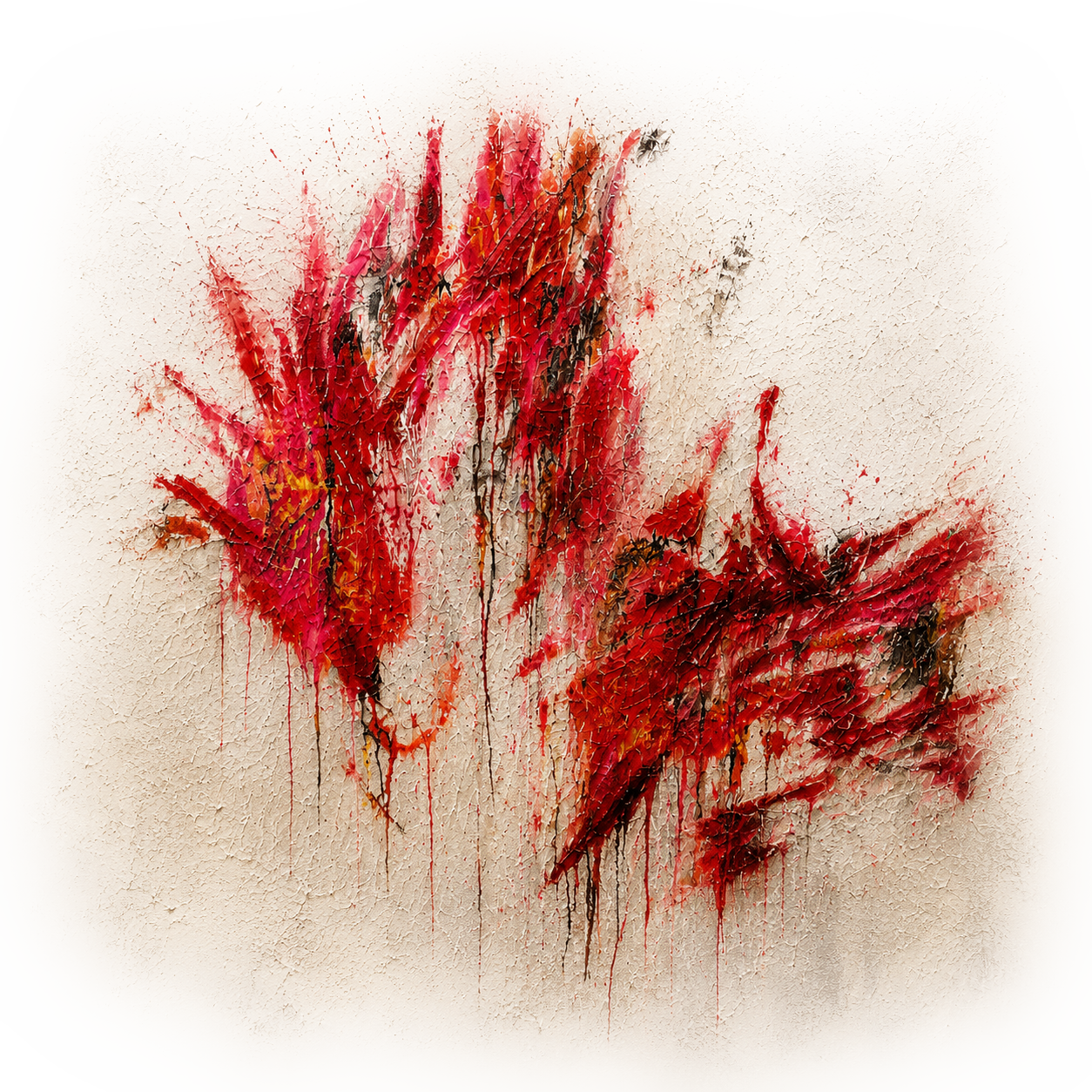 Red abstract painting with gestural impasto marks and long drips on a warm pale ground.
